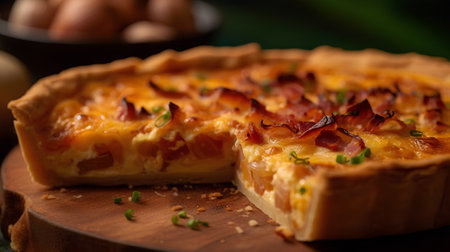 Cheese tart with bacon on a wooden board. Selective focus.の素材