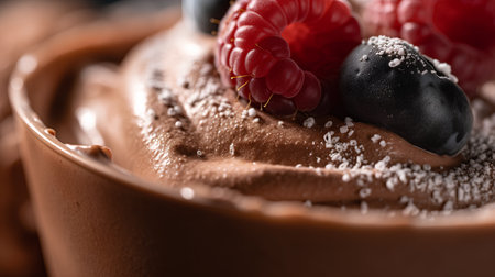 Delicious chocolate cupcake with berries on table, closeup viewの素材