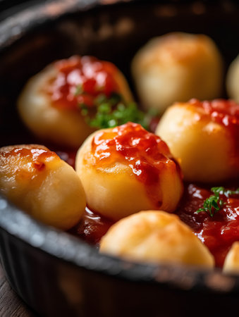 Fried potato dumplings with tomato sauce and parsley in a bowlの素材