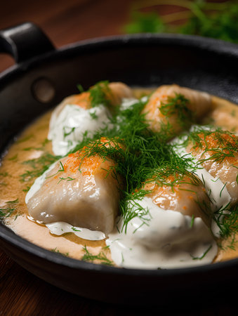 Cabbage rolls with sour cream and dill in a frying panの素材