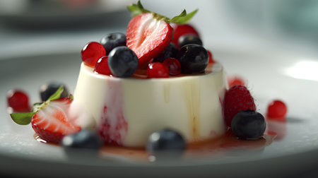 Panna cotta with fresh berries on white plate, closeupの素材