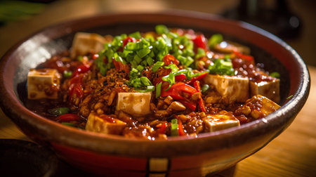 Tofu with vegetables and chili in a clay bowl on a wooden tableの素材