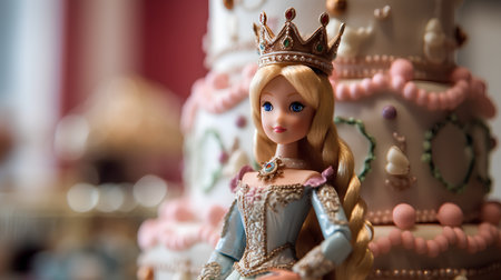 Princess doll with crown on top of cake. Selective focus.の素材