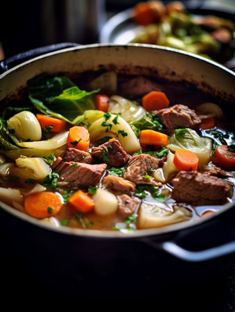 Beef stew with vegetables in a pot. Selective focus.の素材
