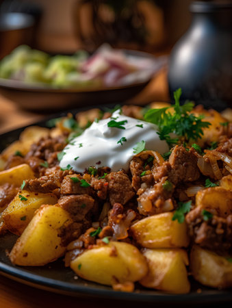 Fried potatoes with meat, onion and sour cream on a plateの素材