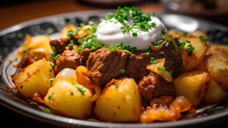 Roast beef with potatoes and sour cream. Selective focus.の素材