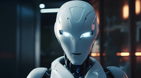 3d rendering humanoid robot with glowing eyes on dark background, future technology conceptの素材