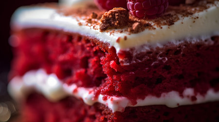 Red velvet cake with cream and raspberries. Selective focus. Toned.の素材
