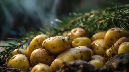 Fresh potatoes and rosemary on a rustic kitchen table. Selective focus.の素材