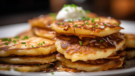 Pancakes with sour cream and chives on a white plateの素材