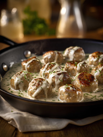 Meatballs in creamy sauce with dill and parsley in a frying panの素材
