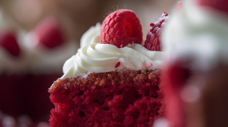 Closeup of red velvet cupcake with cream and raspberriesの素材