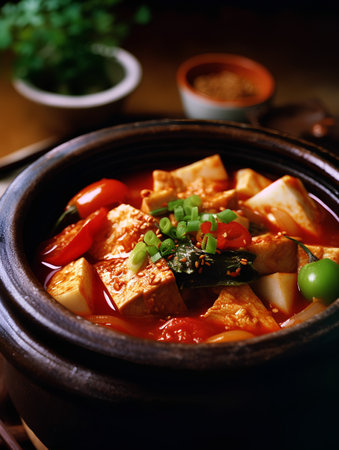Tofu soup in pot on wooden table. Asian cuisine.の素材