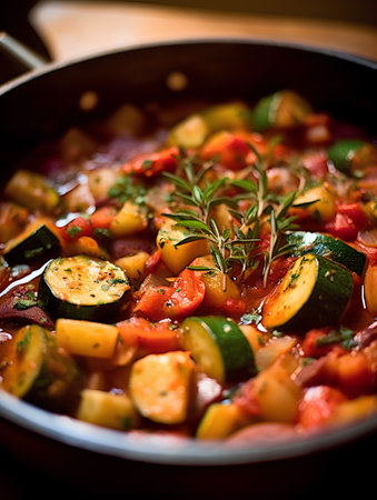 Vegetable ragout with zucchini, eggplant, tomatoes and herbs in a frying panの素材