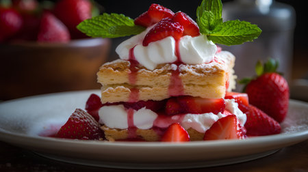 waffles with strawberries and whipped cream on a wooden background. selective focusの素材