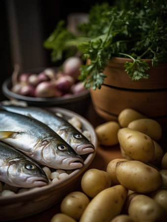 Fresh fish with potatoes and parsley on wooden table. Selective focusの素材