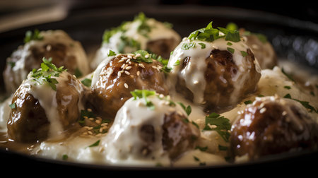 Meatballs with white sauce and parsley. Selective focus.の素材