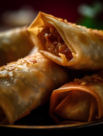 Fried spring rolls on a black plate. Selective focus.の素材