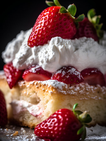 Cake with strawberries and whipped cream on a black background. Selective focus.の素材