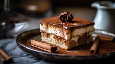 Tiramisu cake with cinnamon and anise on a plateの素材