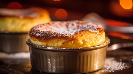 Cottage cheese fondant with powdered sugar on a dark background.の素材