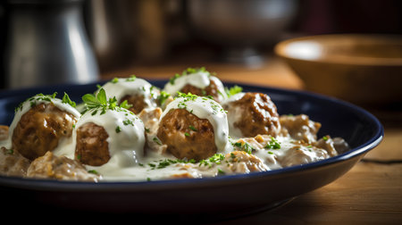 Meatballs with sour cream and parsley. Selective focus.の素材