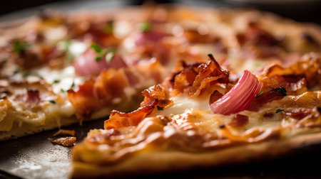 Pizza with bacon and onion on a baking sheet. Selective focus.の素材