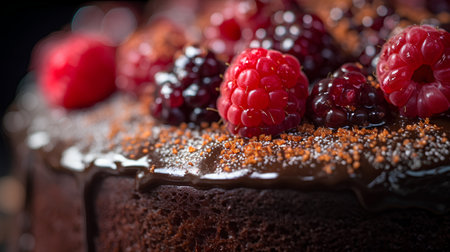 Chocolate cake with raspberries and blackberries. Selective focus. Toned.の素材