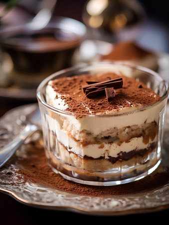 Classic tiramisu dessert in glass cup on dark background, square imageの素材