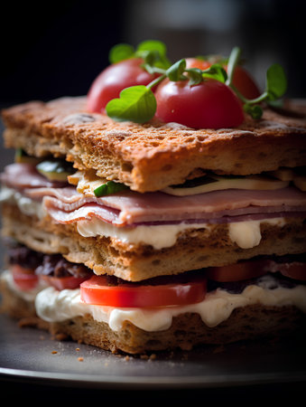 Sandwiches with ham, cheese and tomatoes on a dark background. Selective focus.の素材