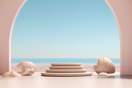 3d render of summer scene with podiums and seashellsの素材