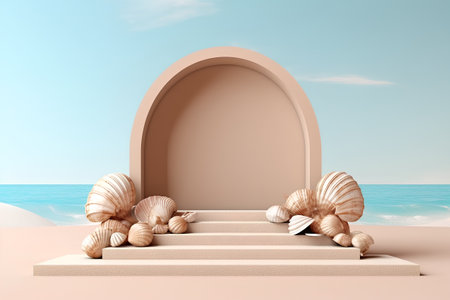 3d render of stairs with seashells on the beach backgroundの素材