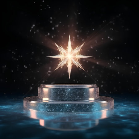 Glowing star on the podium with bokeh background, 3d renderの素材