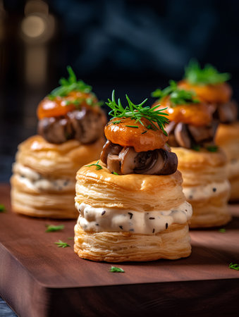 Tartlets with mushrooms and cream cheese on a wooden board.の素材