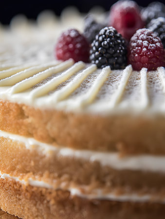 Close-up of a cake with cream and berries on a black backgroundの素材