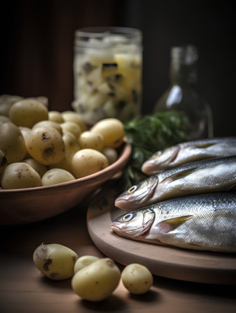 Fresh fish with potatoes and dill on a wooden table. Selective focus.の素材