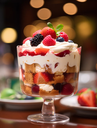 Classic tiramisu dessert with fresh berries and whipped cream in glass on wooden tableの素材
