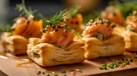 Canapes with salmon, cheese and herbs on a wooden board.の素材