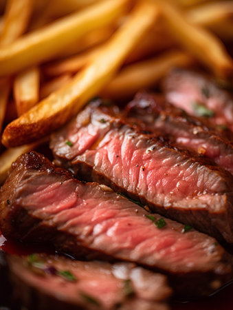 Grilled beefsteak with french fries on a plate, close upの素材