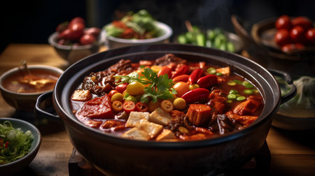 Beef stew with vegetables and mushrooms in a pot on a wooden tableの素材