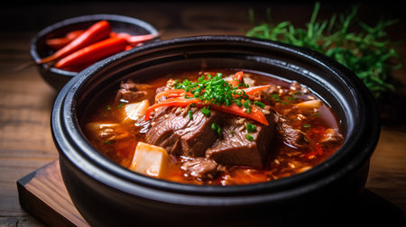 Beef noodle soup with vegetables in pot on wooden background.の素材
