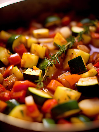 Ratatouille, traditional French dish made with stewed vegetables, potatoes, tomatoes, peppers and onions.の素材