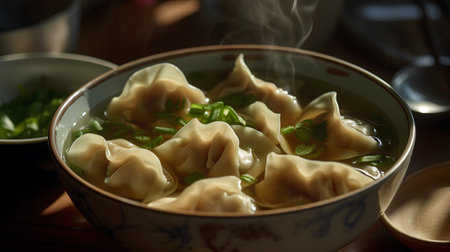 Boiled dumplings with green onions in a bowl on the tableの素材