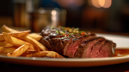 Beef steak with french fries on a plate. Selective focus.の素材