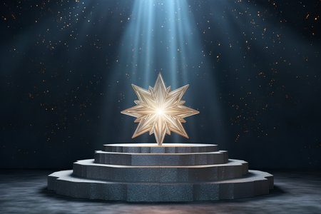 Golden star on podium illuminated by spotlights. Award ceremony concept. 3D Renderの素材