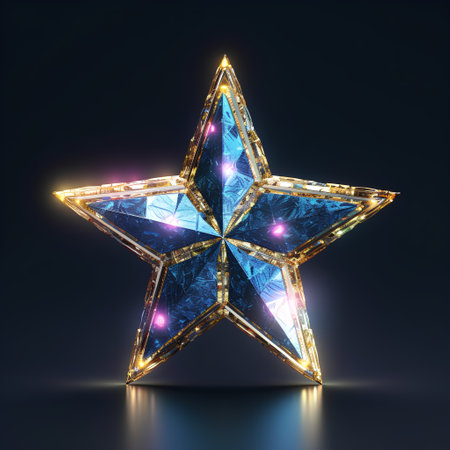 Shiny star with glowing lights on dark background. 3D renderingの素材