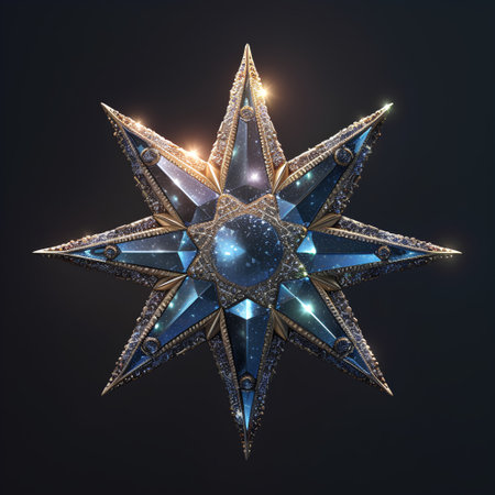 3d illustration of a crystal star with sparkles on a black backgroundの素材