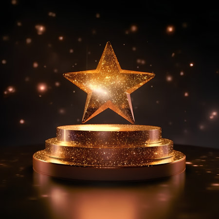 golden star award on podium with bokeh background, 3d renderの素材