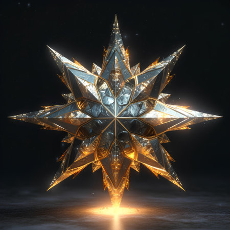 3D illustration of a crystal snowflake on a dark background.の素材