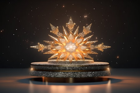 golden snowflake on podium in dark space, 3d renderの素材